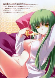 1girls arm_up bottomless breasts c.c. code_geass doujinshi dress_shirt eating female food green_hair highres large_breasts long_hair navel no_bra no_panties open_clothes open_shirt pizza scan shirt sitting solo translation_request yellow_eyes zinno