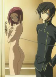 ass bathroom black_hair blue_eyes breasts clothed_male_nude_female clothed_on_nude cmnf code_geass conscious embarrassed female indoors inside kallen_stadtfeld lelouch_lamperouge light_skin male nude pale_skin phone pink_hair purple_eyes school_uniform screencap short_hair shower suit water wet