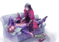 2boys black_hair bottle brown_hair couch drunk final_fantasy final_fantasy_vii gay human male male/male male_only multiple_boys open_clothes reeve reeve_tuesti straight_hair undressing vincent_valentine yaoi