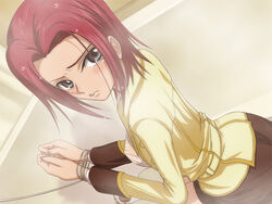 40010prototype blush bondage bound_hands bound_wrists breasts code_geass female kallen_stadtfeld red_hair school_uniform see-through short_hair solo wet wet_clothes