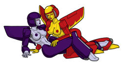 breasts calibos color duo fan_character female female_only kneeling multiple_females multiple_girls nipples rule_63 simple_background sitting the_jet_sisters transformers white_background wings yuri