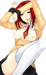 akahoshi_kenji barbecue_(artist) blue_eyes blush breasts code_geass cum facial female kallen_stadtfeld mouth_hold open_clothes open_shirt photoshop red_hair school_uniform serafuku shirt short_hair skirt solo thighhighs