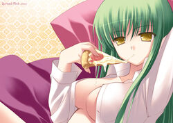 1girls arm_up bangs bread breasts button_down_shirt c.c. cheese code_geass dress_shirt dripping eating female food green_hair long_hair no_bra open_clothes open_shirt pepperoni pizza shirt sitting solo yellow_eyes zinno