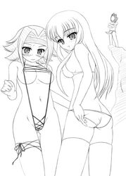 ass back bikini breasts c.c. code_geass erect_nipples kallen_stadtfeld katsuragi_niya lelouch_lamperouge monochrome nipples pussy sling_bikini swimsuit thighhighs uncensored zero_(code_geass)