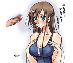 brown_hair censored code_geass cum cum_string cumdrip facial fellatio green_eyes hair one-piece_swimsuit oral penis school_swimsuit shirley_fenette solo swimsuit yukian