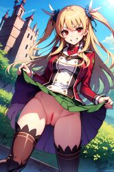 1girls ai_generated alisa_reinford blazer blonde_hair castle flashing green_skirt grin long_hair no_panties outside pussy red_eyes standing trails_of_cold_steel two_side_up uncensored