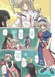 3girls arrow blood bludh bow doujinshi eirin_yagokoro english_text female female_only fujiwara_no_mokou ghost hard_translated kaguya_houraisan long_hair multiple_girls open_mouth stab tan_hair touhou