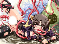 :o animal_ears bangs between_breasts black_hair black_legwear blunt_bangs blush breast_press breasts brown_hair cat_ears censored clothed_sex fellatio forced_oral hime_cut hydra jpeg_artifacts leg_up long_hair looking_at_viewer lowres lying mandragora mandragora_(ragnarok_online) no_bra no_panties on_side open_clothes open_mouth oral orange_peels parted_bangs payot priest priest_(ragnarok_online) priestess ragnarok_online rape red_eyes restrained sex skull slime spitroast spread_legs sweat tentacle tentacle_between_breasts thighhighs torn_clothes torn_thighhighs vaginal_penetration