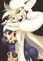 :d animal_ear ass blonde_hair blue_eyes breasts bunny_ear cross erect_nipples female female_only habit jewelry large_breasts long_hair necklace nun open_mouth photoshop priest priest_(ragnarok_online) priestess ragnarok_online smile solo tight_clothes yn_red