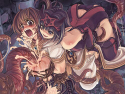 2girls ambiguous_penetration blue_hair blush breasts brown_hair covered_penetration cum dress implied_penetration implied_sex monk monk_(ragnarok_online) monster multiple_girls official_artist ragnarok_online rape sex_under_clothes sex_under_dress tentacle tentacle_under_dress tentacles_under_clothes thighhighs xration