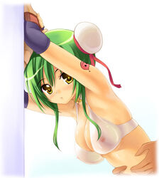 1girls against_wall akamaru armpits arms_up bra breasts bun_cover chung_e cleavage double_bun erect_nipples female green_hair green_maiden hair_bun hairpods leaning_forward lingerie poring ragnarok_online see-through solo suzuneko tattoo torso_grab underwear yellow_eyes