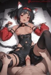 1boy 1girl ai_generated animal_ear_fluff animal_ears animated animated_gif bare_shoulders bed_sheet bell black_hair black_shorts black_thighhighs blush breasts breasts_out bridal_gauntlets cat_ears cat_girl cat_tail clothed_female_nude_male clothed_sex clothing_cutout dark-skinned_female dark_skin detached_sleeves fang gif hairband hands_up hetero jingle_bell leg_grab long_sleeves looking_at_viewer loop looping_animation lying medium_breasts missionary neck_bell nekomiya_mana nipples nude on_back on_bed open_mouth patreon patreon_link patreon_logo patreon_reward patreon_url patreon_username penis pillow pillow_grab ponytail pov puffy_sleeves pussy red_eyes red_hairband sex short_hair shorts skindentation solo_focus spread_legs tail thigh_grab thigh_strap thighhighs uncensored vaginal zenless_zone_zero