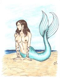 1girls areola blue_tail breasts busty cleavage female jpg long_hair mermaid mermaid_tail michael_powell mythology navel nipples no_bra pencil_(artwork) signature tagme tail_fin topless voluptuous