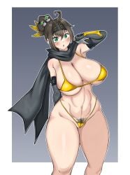 1girls :o abdomen absurd_res arms_behind_back bikini black_hair blonde_hair boobs brown_hair curvy duel_monster female female_only gloves golden_bikini green_eyes hi_res hips huge_breasts konami kunai large_breasts light_skin looking_at_viewer multicolored_hair muscular_female ninja ninja_girl open_mouth ponytail pubic_hair s-force_rappa_chiyomaru s:p_little_knight scarf semi_nude sling_bikini solo standing surprised thick_thighs thighs weapon wnssjdl yellow_bikini younger_female yu-gi-oh!