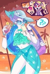 andrealphus_(helluva_boss) anthro avian beach beak beverage bikini bikini_bottom bird blue_eyes blue_hair citrine90 demon drink feathers femboy food galliform headgear hellaverse helluva_boss ice_cream male owl peafowl phasianid stolas_(helluva_boss) sun_hat swimsuit white_body white_feathers