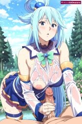 1boy 1girl ai_assisted ai_generated aqua_(konosuba) ass bangs bare_shoulders blue_eyes blue_hair blue_skirt blush breasts day detached_sleeves green_bow hair_ornament hair_rings handjob hetero konosuba large_breasts long_hair looking_at_viewer nipples open_mouth outdoors patreon penis skirt sky solo_focus stelmazura thighhighs tree uncensored water wet wet_clothes