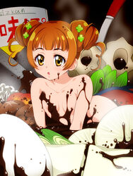 1girls brown_eyes brown_hair doki_doki_precure dokidoki!_precure female flat_chest hair_buns nude poncho! precure pretty_cure yotsuba_alice