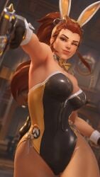 1girl ass big blush bowtie breasts bunny bunnysuit collar covered cuffs detached ears female fishnet gloves gun hair hips large leotard long mace mouth navel open pantyhose ponytail shoulder sidelocks solo tail tattoo thick thighs wide