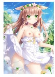 1girl animal_ears breasts breasts_out brown_hair cameltoe cloud dog_ears dog_girl dress exposed_breasts flower flower_crown flower_field frilled_dress frills hair_ornament hair_ribbon highres kohinata_hoshimi long_hair medium_breasts nipples one-piece_dress open_clothes open_dress original panties side-tie_panties skirt_lift sky tree wardrobe_malfunction