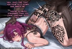 1girl ai_generated anime artist:basicallynomore black_panties black_sports_bra blacked blacked_clothing dark-skinned_male dark_skin female from_behind honkai:_star_rail interracial interracial_sex kafka_(honkai:_star_rail) looking_at_viewer pubic_tattoo qos qos_clothing qos_tattoo queen_of_spades queen_of_spades_symbol queen_of_spades_tattoo sportswear tattoo tattoos text white_skin
