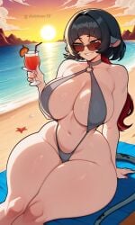 1girls ai_generated artist_name beach cocktail, grey_bikini grey_hair huge_breasts jane_doe_(zenless_zone_zero) sling_bikini solo sunglasses watermark zenless_zone_zero