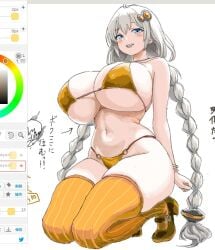 1girl alternate_breast_size_(larger) art_program_in_frame bikini blue_eyes blush braid breasts color_wheel commentary_request full_body grey_hair huge_breasts kizuna_akari kneeling long_hair magicaldraw open_mouth shoes solo swimsuit thighhighs twin_braids very_long_hair voiceroid