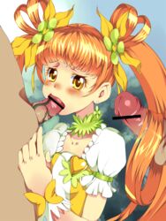 1girls 2boys blush censored clothing cure_rosetta doki_doki_precure dokidoki!_precure fellatio female hairjob kanateko magical_girl oral_sex orange_eyes orange_hair precure pretty_cure twintails yotsuba_alice