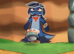 a_link_between_worlds anthro anthro_penetrating blue_body blue_hair blue_scales blush bracelet cute_fangs fangs gloves_(marking) hair jewelry kerchief leg_markings lizard looking_up maiamai male male_penetrating markings motion_lines nintendo open_mouth penetration purple_eyes red_kerchief reptile scales scalie socks_(marking) standing teeth the_legend_of_zelda ulti_(ultilix) ultilix yellow_kerchief yellow_sclera