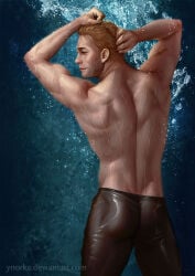 1boy ass ass_focus back back_focus back_view cullen_rutherford dragon_age dragon_age_inquisition hot_male male male_body male_focus male_only muscular muscular_male muscular_male_only no_visible_genitalia pinup pinup_pose sexy_male sexy_pose shirtless shirtless_male shower showering solo solo_focus solo_male torso_focus washing washing_self wet wet_body wet_pants ynorka
