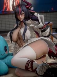 big_ass big_breasts big_thighs big_tits blouse breasts clawed_fingers claws dragon_girl dragon_horns dragon_tail half-dressed half_naked half_nude hand_on_waist horns long_hair multicolored_hair naked_shirt neverness_to_everness night nte pussy shinku sitting tail thick_thighs thighs tits white_blouse white_shirt white_socks