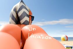 ahsoka_tano anus beach beach_ball clone_wars dc15-a female female_only laying_down pussy star_wars sunglasses sunscreen text togruta vacation