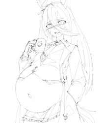 blush clothed coffee coffee_mug cygames exposed_belly flat_chest hermitage000 horse_ears horse_girl horse_tail looking_down manhattan_cafe_(umamusume) outie_navel popped_navel pregnant pregnant_belly pregnant_female sweat sweating tie umamusume umamusume_pretty_derby uncolored