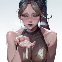 1girl after_handjob after_sex ai_generated asian asian_female black_hair blush blushing breasts cleavage crop_top cum cum_addict cum_on_hand earrings eyebrows eyelashes eyeshadow falewii female female_focus fingernails grey_eyes heavy_breathing horny horny_female k/da_all_out_kai'sa k/da_all_out_series k/da_kai'sa k/da_series kai'sa league_of_legends light-skinned_female lips lipstick long_ponytail looking_at_cum looking_at_hand makeup nails ponytail riot_games self_upload simple_background steam steaming_body steamy_breath white_background