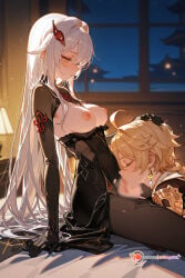 1boy 1girls aether_(genshin_impact) ai_generated artist_name censored genshin_impact horny_female mihoyo pleasure_face ronova_(genshin_impact) sex straight