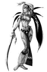 belly_dancer belly_dancer_outfit breasts cleavage_cutout female harem harem_girl harem_outfit long_hair official_art prince_of_persia simple_background sketch small_breasts solo solo_female sword tied_hair waist white_background