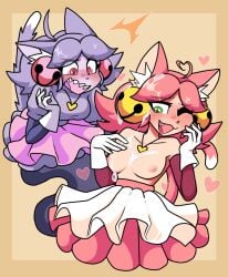 2026 ahoge animal_humanoid blush blush_lines bodily_fluids bottomwear breasts clothing cum cum_on_body cum_on_chest cum_on_clothing deltarune digital_media_(artwork) disgust duo ears_back emote-o felid felid_humanoid feline feline_humanoid female genital_fluids ghost gloves hair handwear happy heart_ahoge heart_symbol hi_res humanoid irritable_ghost_(deltarune) mad_mew_mew mammal mammal_humanoid mew_mew_(undertale) nipples pink_(deltarune) pink_hair pivoted_ears purple_hair shirtless shirtless_female skirt spirit tail undertale_(series) upset