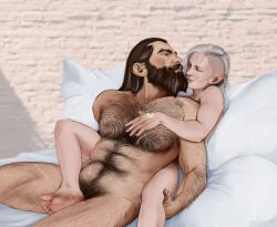 1boy 1girl beard bearded blackwall chest_hair commission dragon_age dragon_age_inquisition female/male hairy hairy_chest hairy_male hetero heterosexual inquisitor_(dragon_age) inquisitor_lavellan lavellan long_beard long_hair long_hair_male male/female pubic_hair tagme tagme_(artist)
