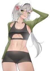 1girl 1girls absurdres ahoge animal_ears armpits black_bra black_shorts bra breasts cleavage female female_only ferret_ears ferret_girl green_eyes green_shrug hair_between_eyes hairband highres indie_virtual_youtuber laimu large_breasts looking_at_viewer shorts shrug_(clothing) smile solo sports_bra tits toned toned_female twintails underboob underwear virtual_youtuber vtuber wethoneybadger white_background white_hair