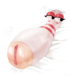 animate_inanimate ball bed blush bodily_fluids bowling_ball bowling_pin chichichoart disembodied_hand female fuckable_pin furniture genital_fluids genitals hi_res horny_blue_bowlingball looking_away markings meme mole_(marking) narrowed_eyes not_furry on_bed plump_labia solo sweat vaginal_fluids vulva white_body wiping_sweat wyer_bowling_(meme)