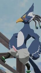 3d_(artwork) 9:16 anthro avian balls beak bird blender_(artwork) blue_body breath_of_the_wild digital_media_(artwork) feathers furryfamine20 genitals green_eyes hands_on_hips hi_res humanoid_genitalia humanoid_penis looking_at_viewer male multicolored_body nintendo on_model one_leg_up penis proud_expression raised_leg revali rito smile smiling_at_viewer smirk smirking_at_viewer solo standing tail the_legend_of_zelda