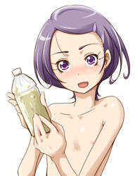 1girls blush bottle breasts dokidoki!_precure female flat_chest kenzaki_makoto nipples nude precure pretty_cure purple_eyes purple_hair short_hair yonekura_hisaki