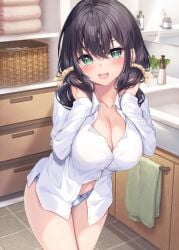 1girl black_hair bow_panties breast hair_ornament highres kitchen lace lace_panties large_breasts long_hair low_twintails no_bra open_shirt original panties pantsu ribbon_panties sena_chifuyu shirt solo straight_hair tied_hair twintails