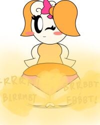 2d 2d_(artwork) anon bealmmaker big_ass black_eyes blushing bubble_ass cute fart fart_cloud fart_fetish farting_on_another female female_focus female_only happy innocent looking_at_viewer looking_back oc orange_hair orange_shirt original_character panties pink_bow skirt white_background wink winking_at_viewer