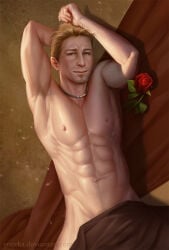 1boy abs alistair_theirin bed bed_sheet bed_sheets dragon_age dragon_age_origins hot_male male male_body male_focus male_only muscular muscular_male muscular_male_only necklace necklace_only no_visible_genitalia pinup pinup_pose rose rose_(flower) sexy_male sexy_pose sheet sheets shirtless shirtless_male solo solo_focus solo_male torso_focus ynorka