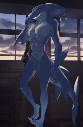 anthro aquatic biceps claws clothing dungeons_of_aether fin fin_piercing fish furgonomic_piercing furgonomics genitals gills hi_res male maywisher muscular muscular_anthro nude pecs penis piercing rivals_of_aether shark shark_tail sharp_teeth slade_(dungeons_of_aether) solo teeth