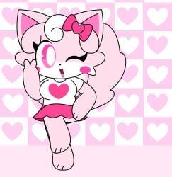 2d bealmmaker big_tail black_eyes cute female female_focus female_only happy heart_symbol lifting_leg oc original_character peace_sign pink_bow pink_hair pink_skin posing posing_for_the_viewer skirt tits white_shirt wink winking_at_viewer