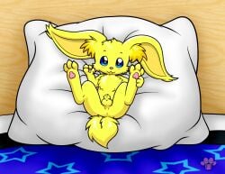 animal_genitalia anus balls big_ears domestic_cat felid feline felis feral fully_sheathed fur furry_balls furry_sheath genitals hi_res hybrid lagomorph leporid looking_at_viewer lying_on_pillow male mammal nude penis pillow rabbit reclining sheath solo sparkz spread_legs spreading tapering_penis twotails yellow_body yellow_fur