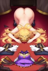 ai_generated big_ass blonde_hair bubble_butt chelle_(dragalia_lost) clothes_on_floor defeated_villainess dogeza dragalia_lost folded_clothes submission submissive_female
