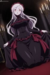 1girl ai_generated black_dress blush breasts candle candlestand colored_skin digitalwaifugallery dress frills gothic_lolita hi_res high_quality high_resolution indoors kneeling large_breasts lolita_fashion long_hair looking_at_viewer open_mouth overlord_(maruyama) pale_skin patreon red_eyes seductive sexy shalltear_bloodfallen skirt_hold solo uncensored vampire watermark white_hair