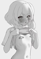 1girl 1girls blush breasts clothes_lift commentary female fish-shaped_pupils flat_chest highres looking_at_viewer marimari_en monochrome myano_art open_mouth pasties phase_connect shirt_lift short_eyebrows side_ponytail small_breasts solo true_flat_chest virtual_youtuber vtuber